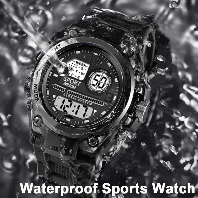 Black sports watch suitable for children boys multifunctional LED digital watch waterproof luminous alarm clock electronic watch X241122