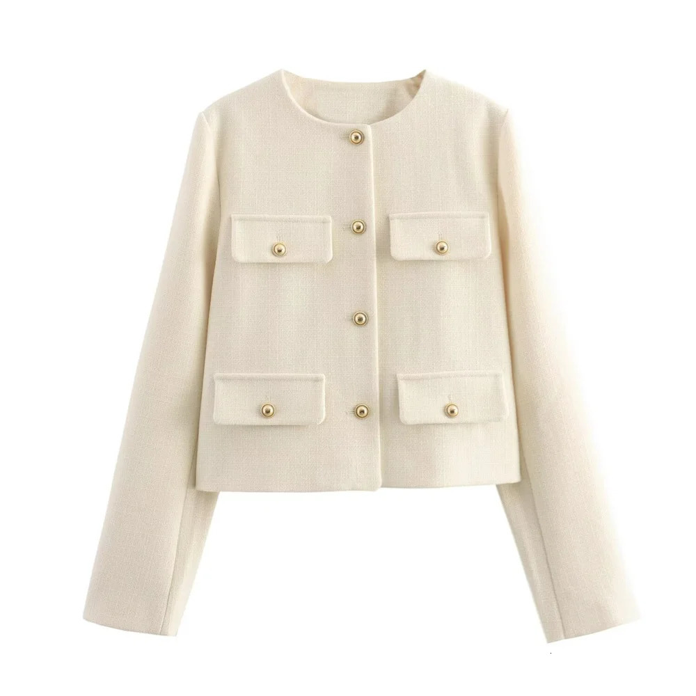 UNIZERA Winter Product Womens Fashion and Casual Versatile Round Neck Flip Decoration Short Suit Coat 240407