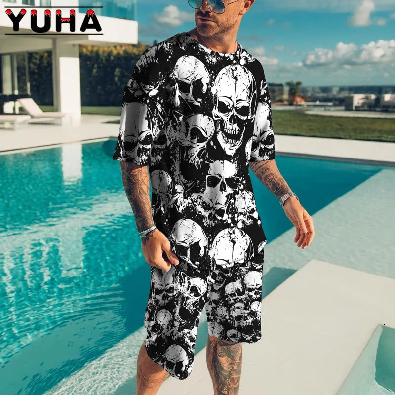 YUHASummer Mens Clothing T Shirt Sets 3D Terrible skeleton Print Casual Shorts Tracksuit Male 2 Piece Suit est Short Sleev 240420