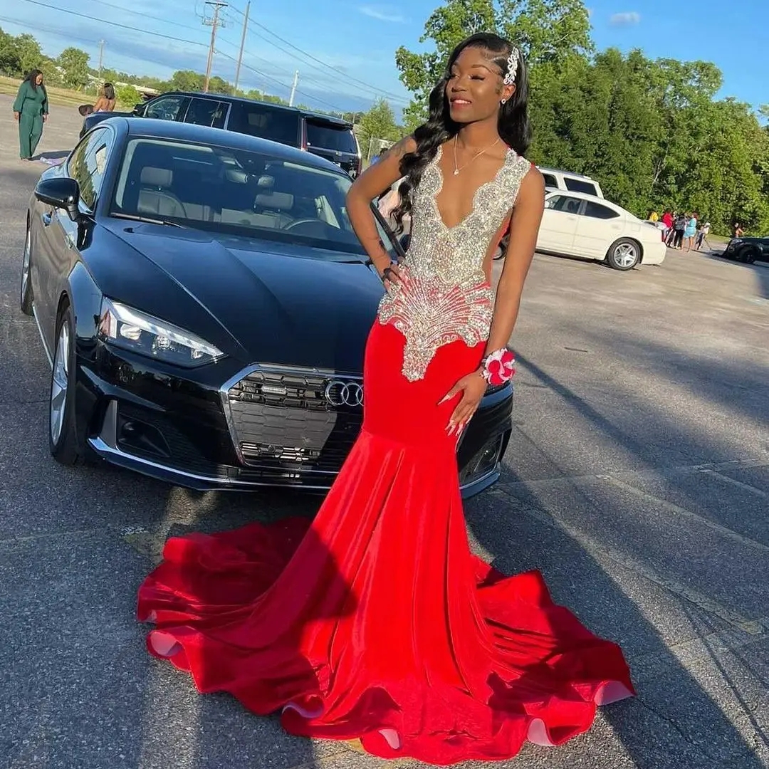 Red Prom Dresses With Gliter Sier Crystals Sequins Beads For African Women 2024 Evening Party Gowns Sexy V Neck Robe De Bal 6660311