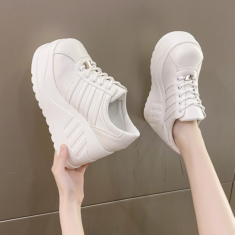 White Shoes Women Lace Up pu Leather Wedges Designer Pumps Shoes Female Breathable Chunky Platform Fashion Sneakers High quality height increasing sho