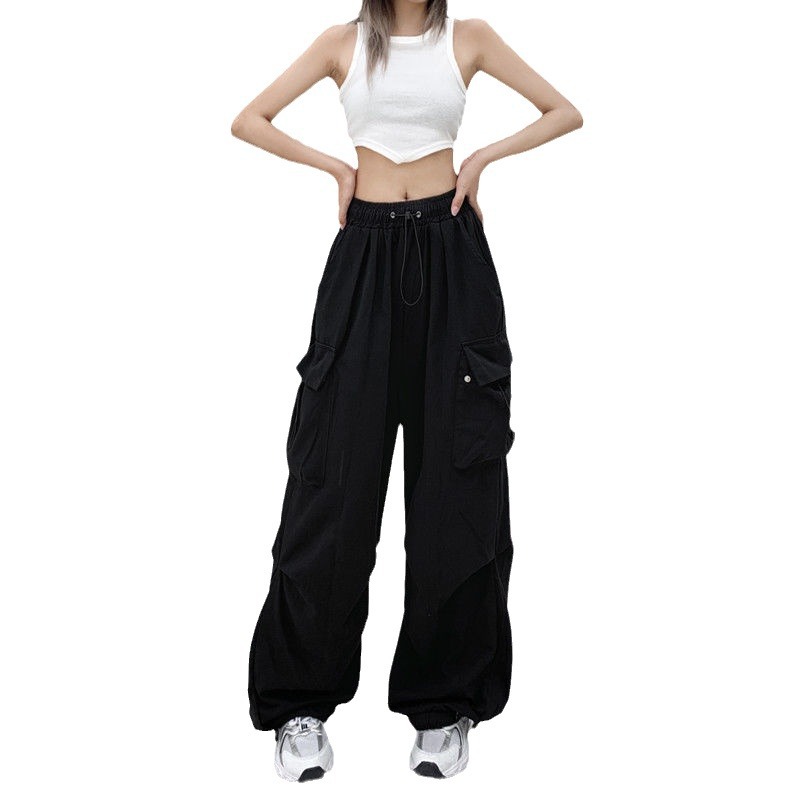 designer pants women Women Big Pockets Cargo Pants Y2k High Elastic Waist Drawstring Baggy Trousers Vintage Casual Loose Side Zipper Straight Pants