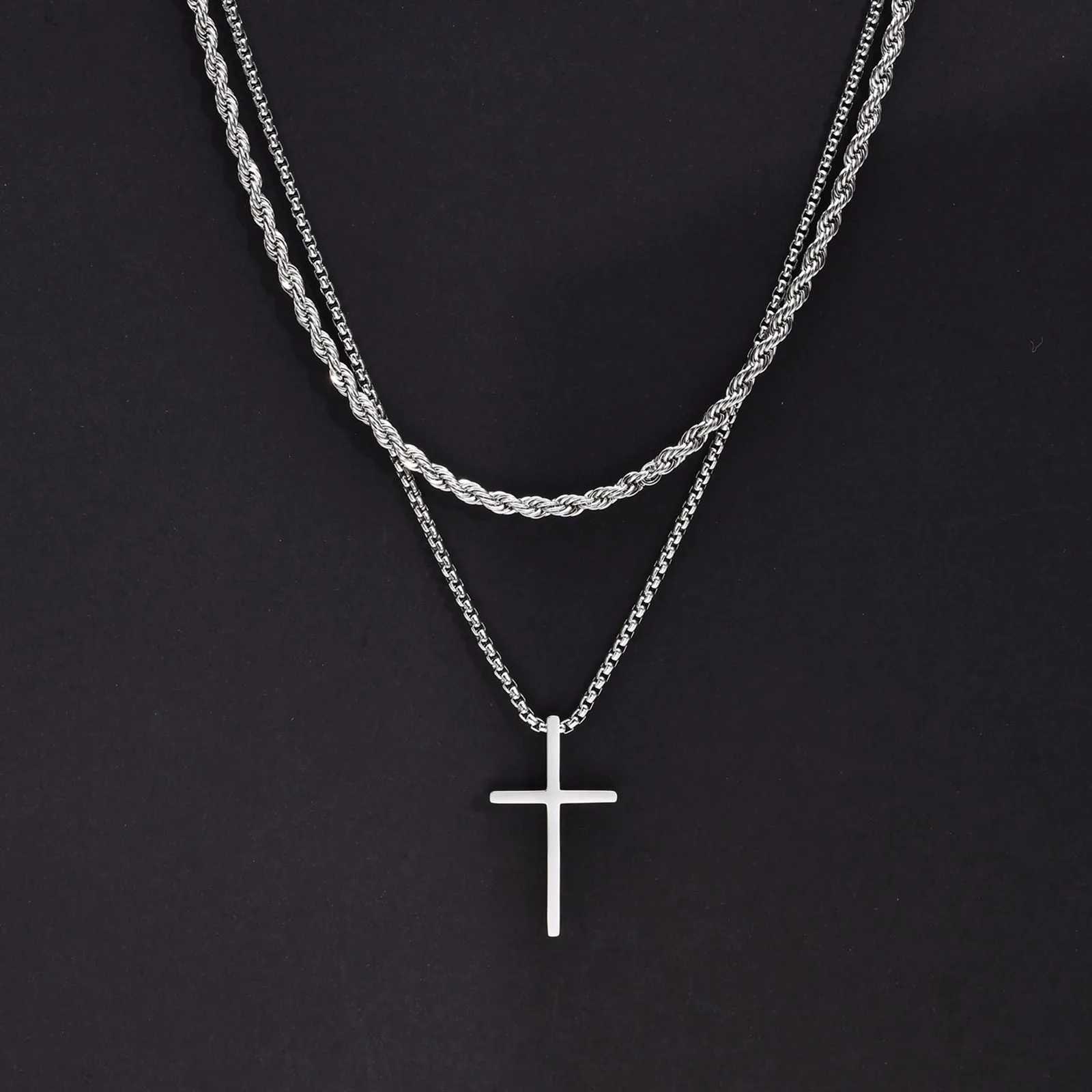 Vnox Dropshipping Mens Cross Necklaces Stainless Steel Layered Plain Cross Pendant Rope Box Chain NecklacePrayer Jesus CollarX241122