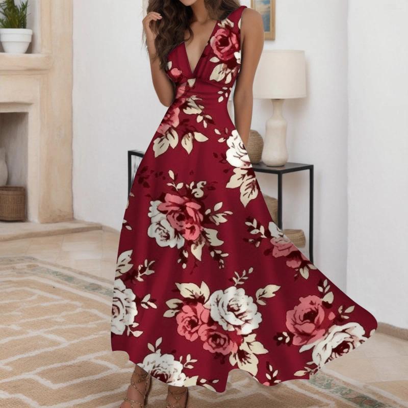 Casual Dresses For Women 2024 Wedding Guest Women's Fashion Spring And Summer Printed Sleeveless V Neck