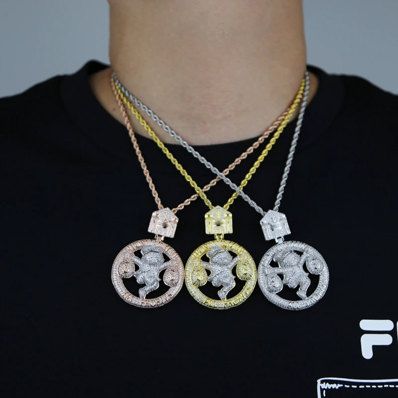 All Profits World Is Mine Hip Hop Pendant Necklace Full Paved Bling 5A Cubic Zirconia CZ Trap House Dollar Iced Out Men Jewelry 241122