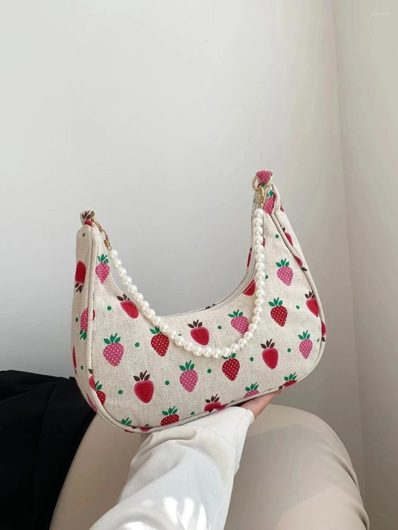 Free Shipping Shoulder Bags Fashionable Pearl Chain Cute Kawaii Strawberry Shaped Crescent Bag For Women Simple Casual Commuting Handbag Hobo