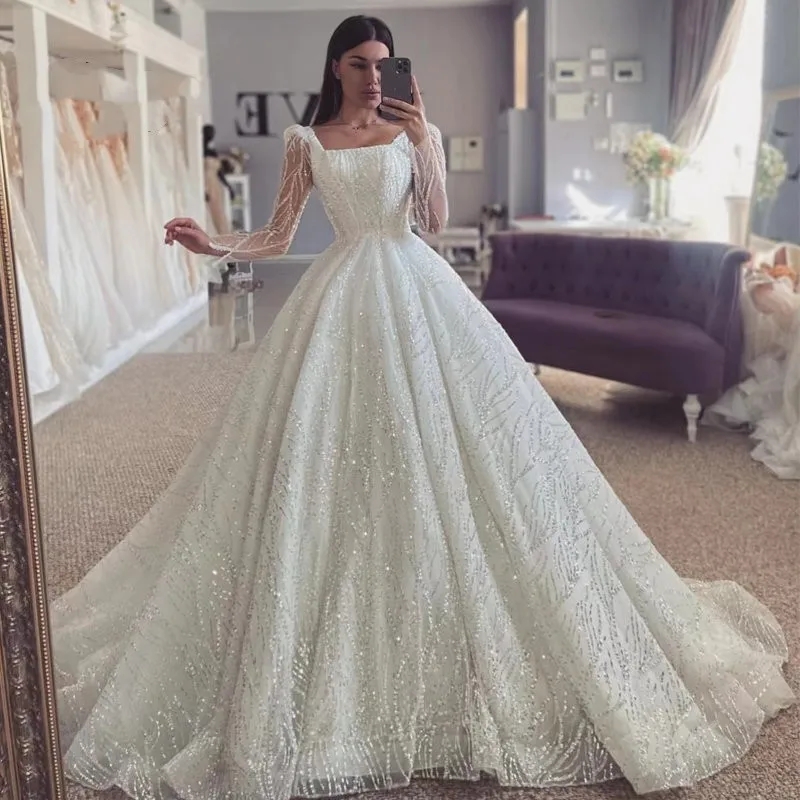 Elegant Sequined Ball Gown Wedding Dress 2025 Boat Neck Long Sleeves Lace-Up A-line Bridal Gowns Vestidos De Novia Arabic Dubai