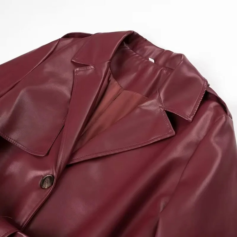 SIYANG Women Autumn Fashion Wine Red Long Leather Jacket With Bekt Female Buttons Pockets Lapel Coat Outerwear 241121