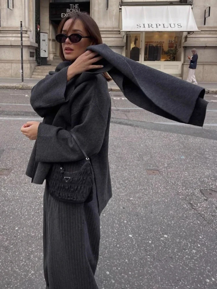 ZBZA Womens Capestyle Cropped Jacket Asymmetric Scarf ONeck Long Sleeve Knitted Loose Coat Fall Winter Female Chic Outerwear 241120