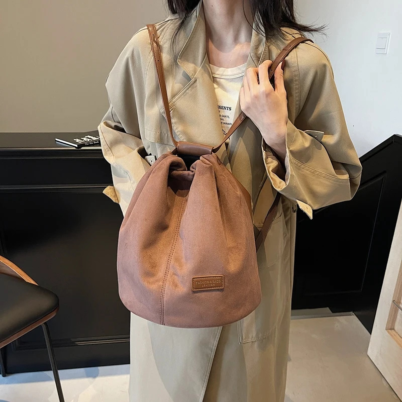 Latest Womens Fashion Backpack Drawstring Bucket Shoulder Bag Soft Suede Large Capacity Rucksack for Travel and Shopping 241122