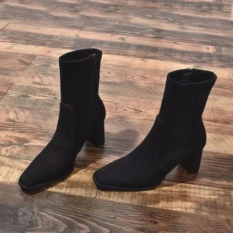 Womens Shoes Selling Side Zipper Womens Boots Winter Square Toe Solid Short Barrel Thick Boots Fashion Boots Zapatos 241122