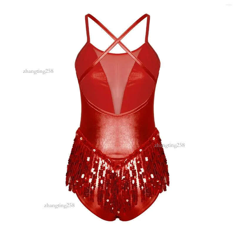 Stage Wear Womens Sparkly Tassel Bodysuit Sequins Gymnastics Ballet Dance Leotard Fringed Jumpsuits Latin Jazz Performance Costume