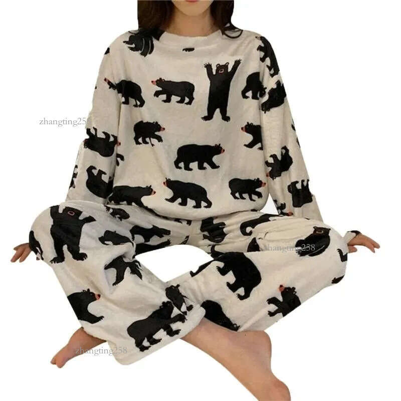 Women's Sleepwear Flannel Pajamas Sets Casual Autumn Winter Velvet Pyjama Ladies Cartoon Pijama Mujer 2 Piece Pjs Warm Homewear