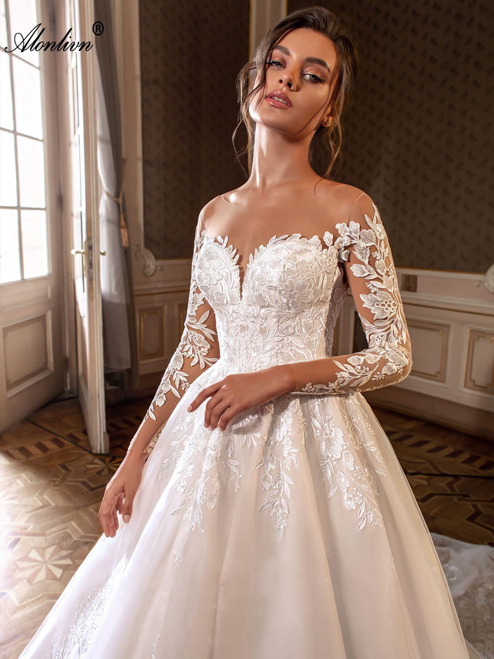 Magnificent appliques Lace Sheer Neck A-Line Wedding Dress Beading floral patterns princess Bridal Gowns embroidered With Multi-layered Delicate Tulle