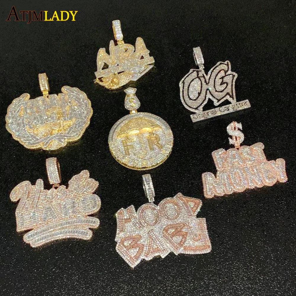 Iced Out Bling Two Tone Color CZ Letters Pendant Necklace Cubic Zirconia Various Badge Men Women Fashion Hip Hop Jewelry 241122