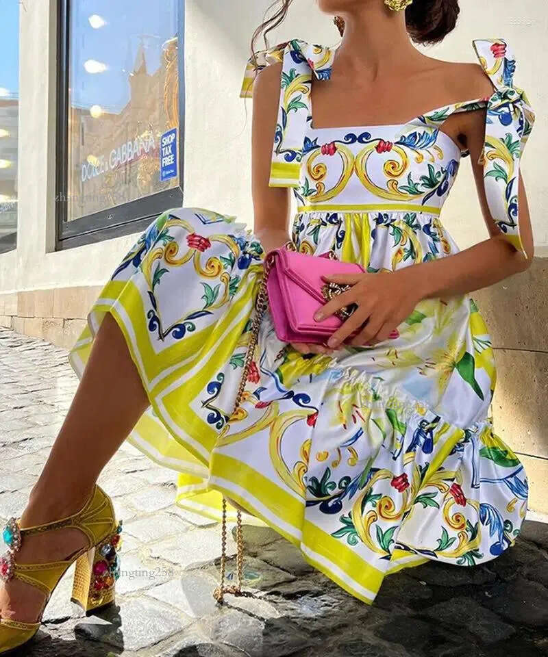Casual Dresses JAMERARY Designer Holiday Blue White Yellow Porcelain Floral Print Summer Dress For Women Straps Bow Midi Long Vestidos Beach
