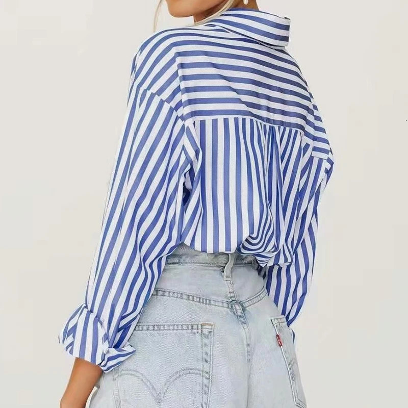 2024 Autumn Korean Style Loose Casual Free Size Small Fresh Vertical Blue Striped LongSleeved Shirt Ladies With Coat Blouse 241121