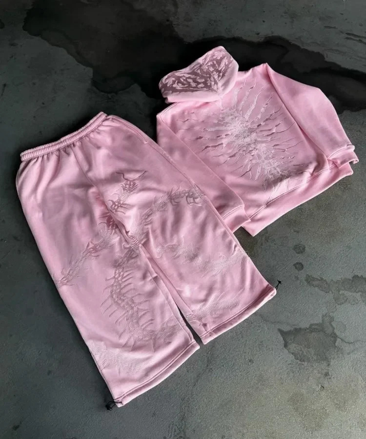 Autumn Ghoul Embroidered Hoodie Suit Street Harajuku Plus Velvet Warm Casual Y2k Winter Clothes Women Traf 241121