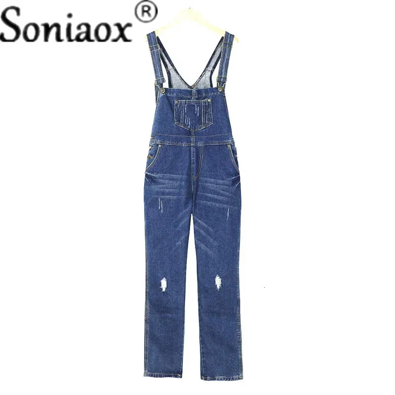 Casual streetwear hole denim jumpsuit womens loose pendant pocket pants waist straight jeans jumpsuit 241118