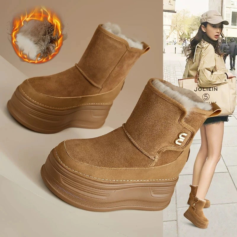 high-quality suede cow leather platform wedge winter plush womens boots hidden boots warm ankle boots brown boots 241122