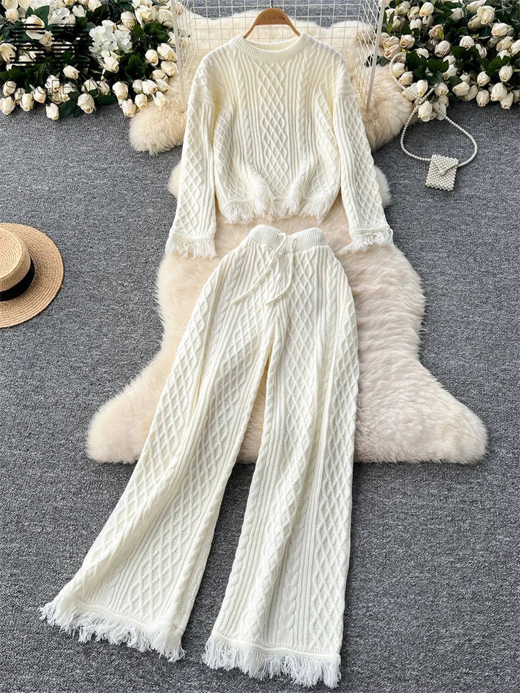 SINGREINY Vintage Tassel Knitting Two Pieces Suits Women O Neck Loose SweaterDrawstring Long Pants French Style 2pcs Sets 241121
