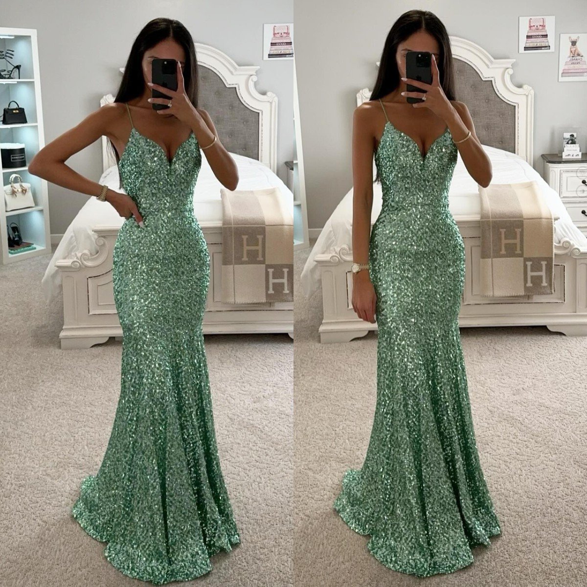Mint green mermaid prom dress sequins spaghetti formal evening dresses elegant backless party gowns for special ocns long robe de soiree