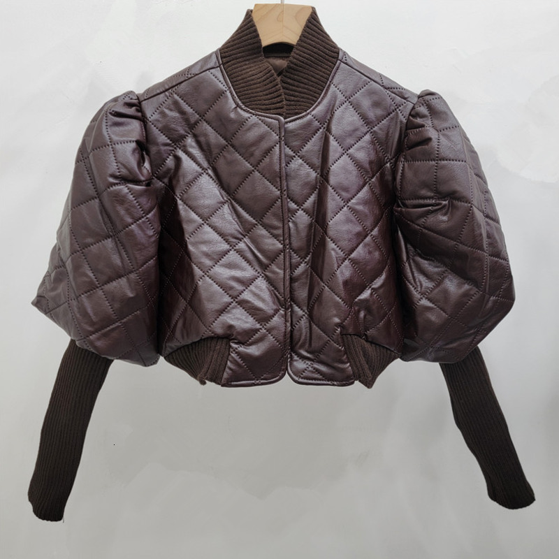 Autumn Fashion New Items Women's Versatile Knitted Sleeve Leather Jacket Vintage Stand Coat Female Trendy
