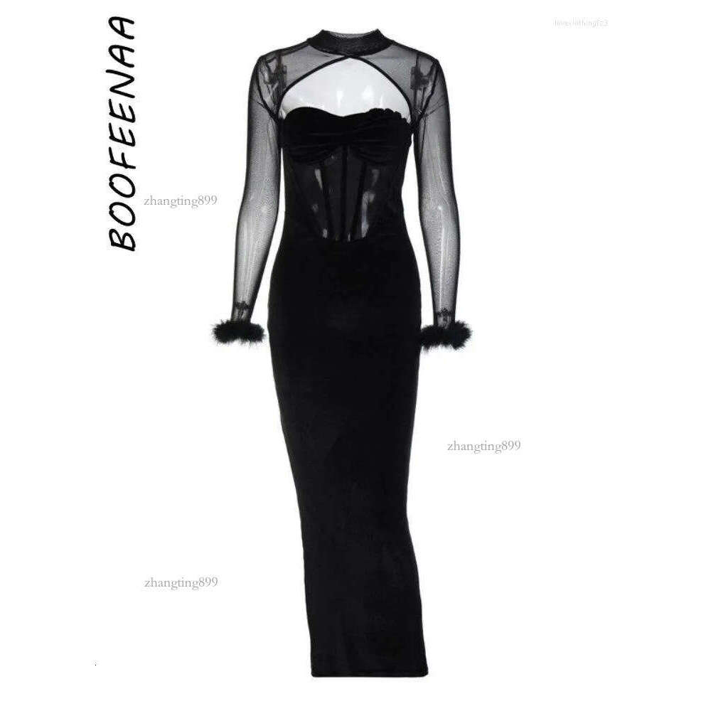 Casual Dresses Evening Party Velvet Black Corset Dress With Feathers Mesh Long Sleeve Bodycon Maxi Arrivals 2023 C16-DZ30