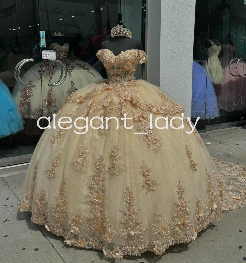 Champagne Luxury Princess Quinceanera Dresses 2024 Off Shoulder 3D Floral Applique Corset Lace-up vestido de 15 anos sweet 16