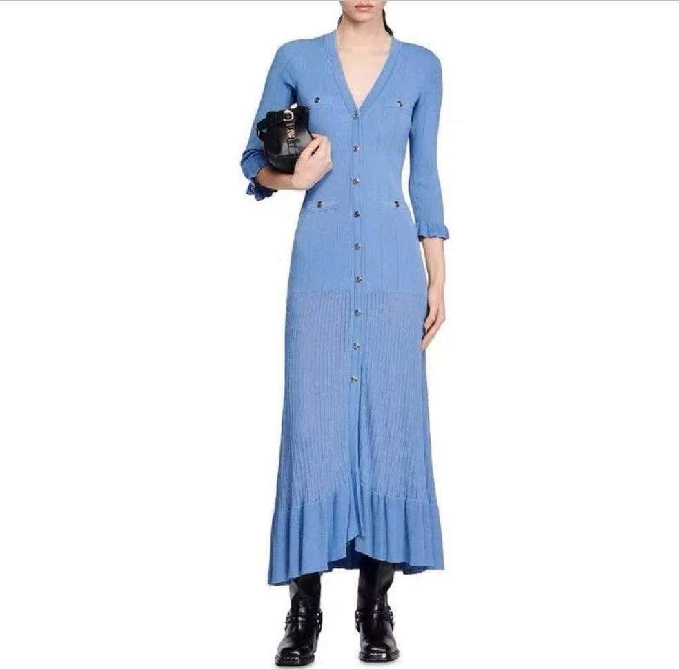 2024 Summer Sandr o Classic French style peacock blue V-neck knitted dress with slim fit and fishtail length