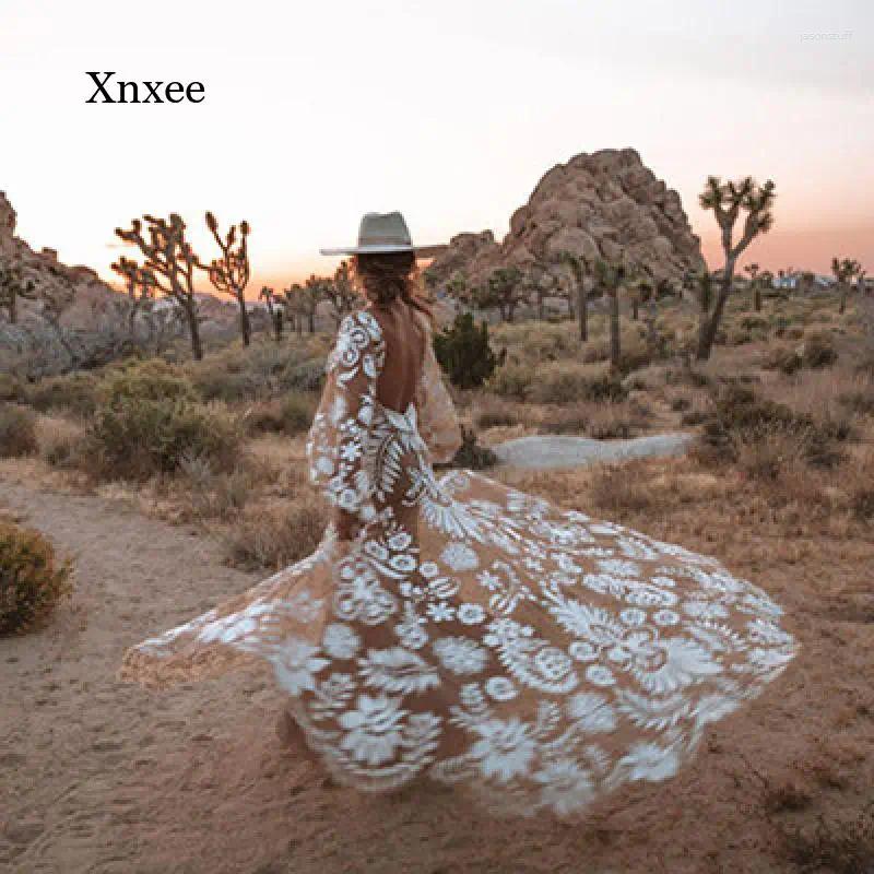 Casual Dresses Sexy Robe Vintage Boho Lace Backless Wedding Maxi Dress Open Back Long Lantern Sleeve Beach Bridal Gowns Outfit