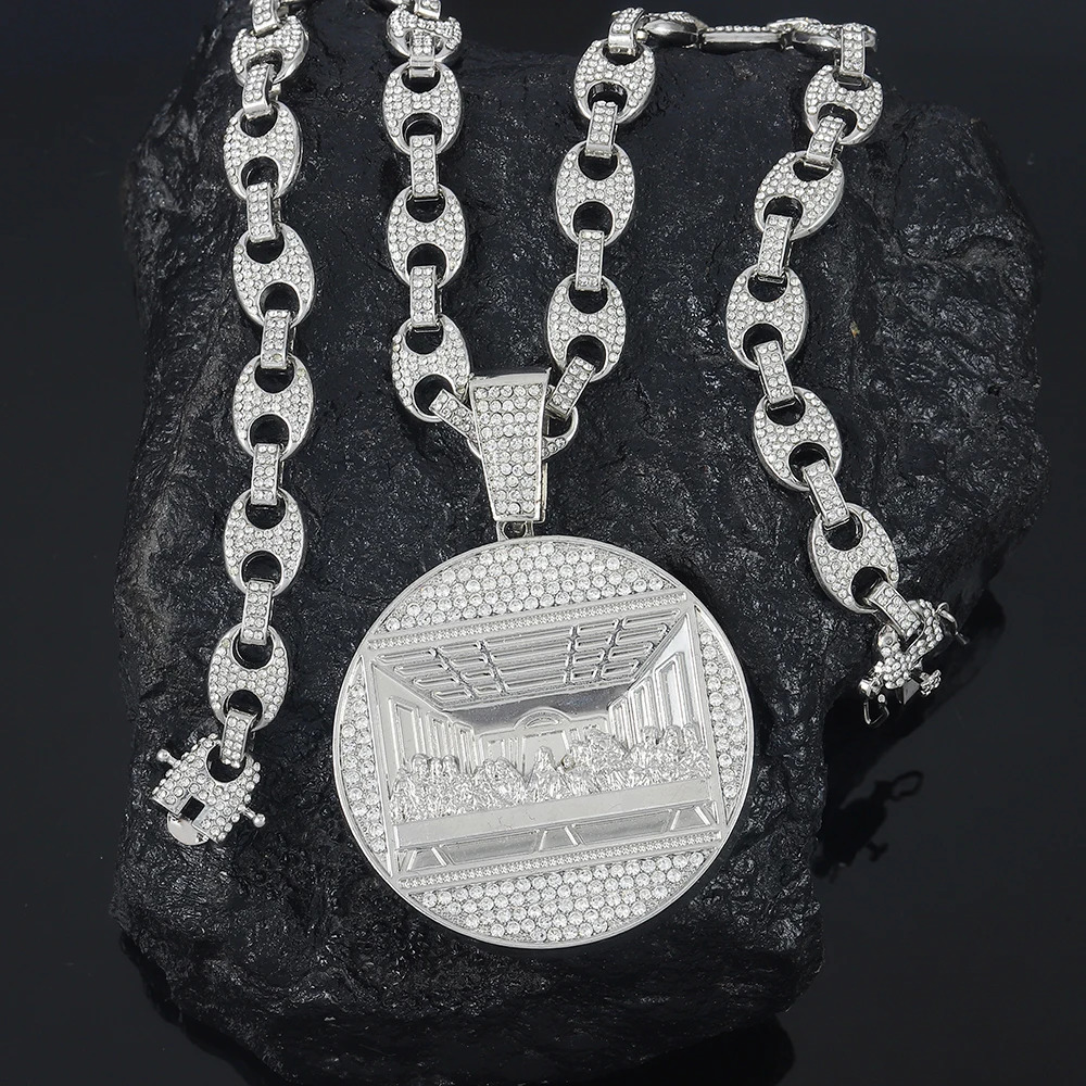 Delicate Shiny Last Supper Pendant Necklace Mens Jewelry Match Iced Out 13mm Cuban Link Fashion Men Hip Hop Style Women Gift 241122