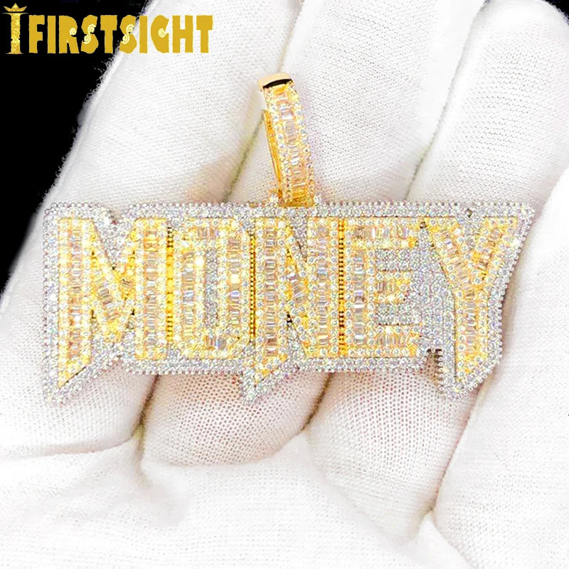 Iced Out Bling Letters Money Pendant Necklace Gold Silver Color Rectangle CZ Zircon Charm Mens Women Hip Hop Jewelry 241122 - view 7
