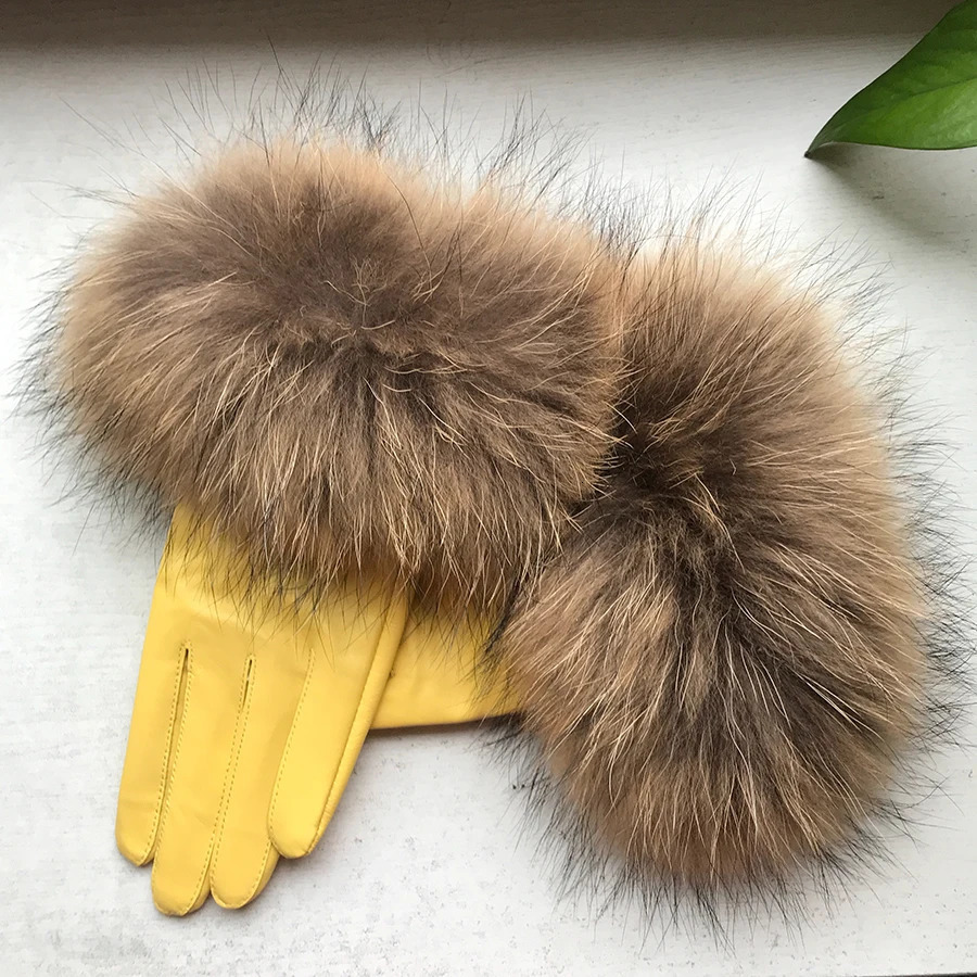 Real Raccoon Fur Gloves Womens Genuine Leather Gloves Fox Fur Raccoon Fur Sheepskin Gloves Womens Winter Velvet Warm Touch 241122