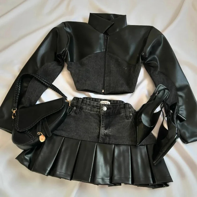 Casual leather patchwork denim pink two-piece set womens Y2K Harajuku long sleeved zipper jacket mini pleated skiing autumn jacket 241120