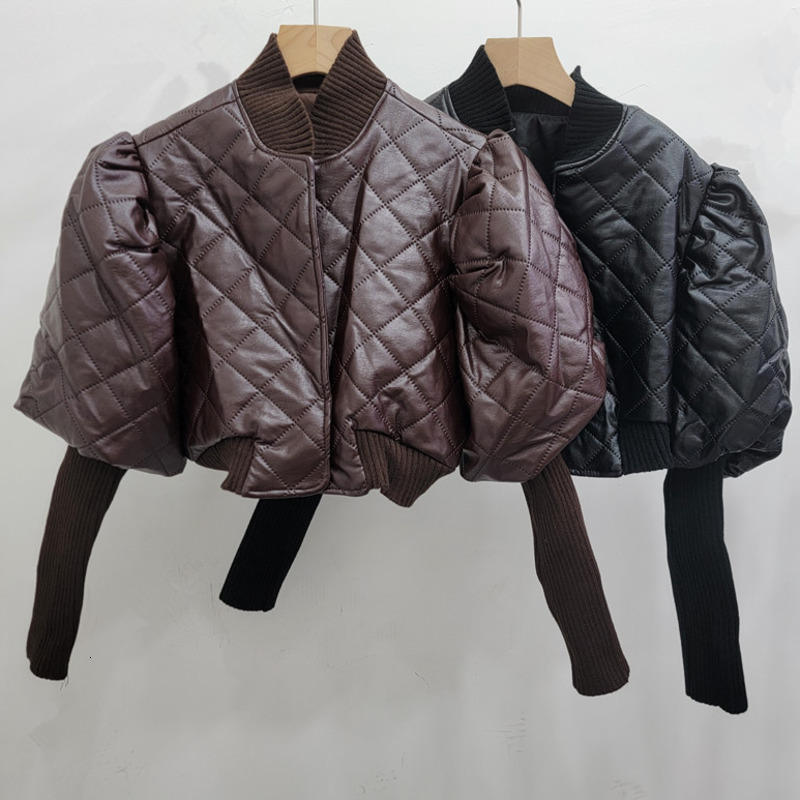 Autumn Fashion New Items Women's Versatile Knitted Sleeve Leather Jacket Vintage Stand Coat Female Trendy