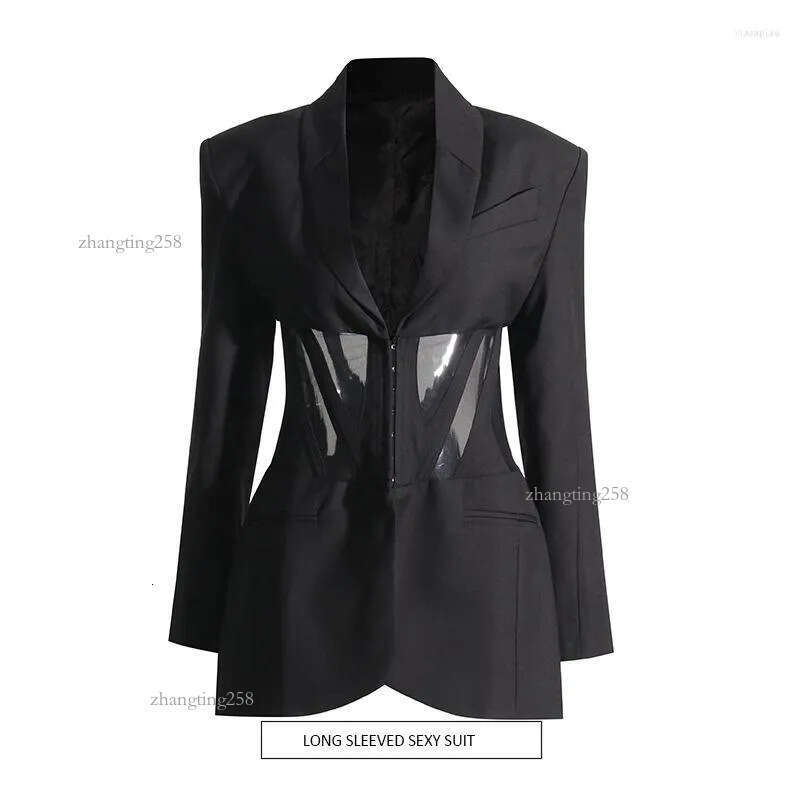 Women's Suits Black Casual Blazer For Women Sexy Mesh See Through Slim Blazers Autumn Winter Fashion Long Sleeve Button Club Party Coats