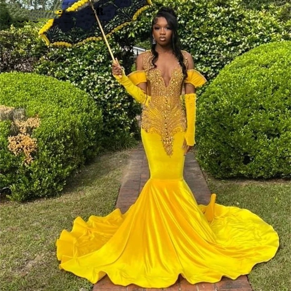 Yellow Veet Gold Rainstones Prom Dress For Black Girls Lace Applique Beading Formal Party Gown Robe De Soiree