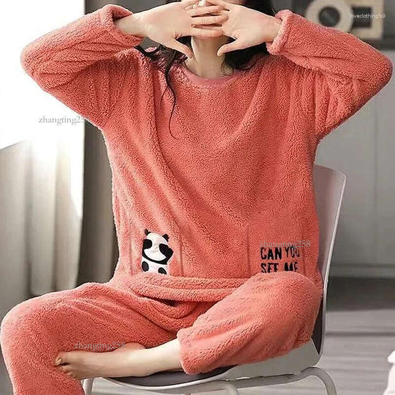 Women's Sleepwear Flannel Pajamas Sets Casual Autumn Winter Velvet Pyjama Ladies Cartoon Pijama Mujer 2 Piece Pjs Warm Homewear
