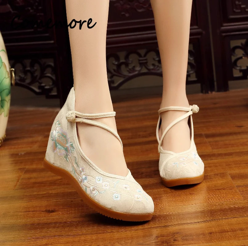 Comemore Chinese Embroidered Flowers Shoes Wedge Heel High Top Hidden Platform Ankle Strap Ladies Casual Canvas Shoe 241122