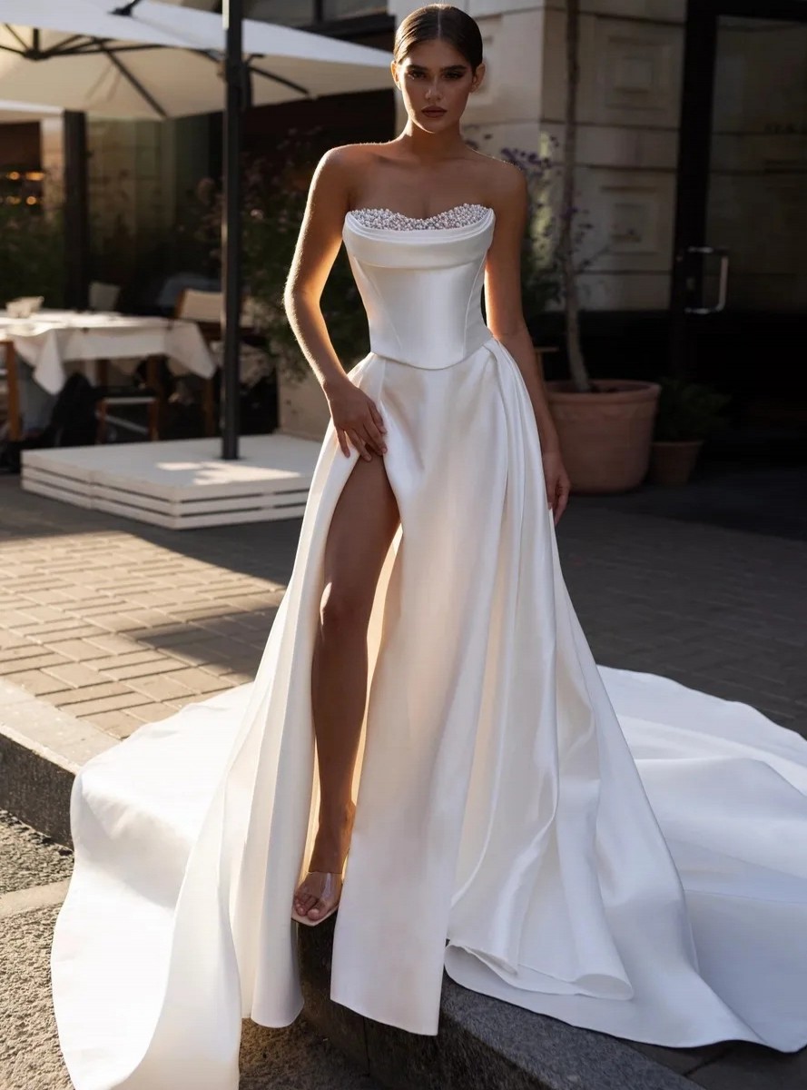 High Quality A-line Wedding Dress Sweetheart Pearls Beads Side Slit Satin Women Bridal Gowns Sweep Train Vestidos De Novias Custom Made
