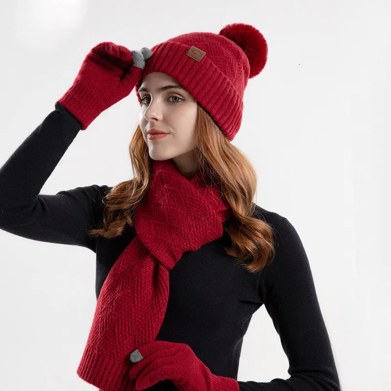 Winter fashion knitted lady wool hat warm hat scarf gloves three-piece set ear protection cap woman 241122