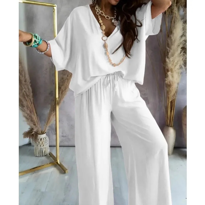 2024 Long Pant Sets Summer two piece set For Women V neck Bat Sleeve Casual Loose Wideleg Pants 2 solid color Outfits 240419