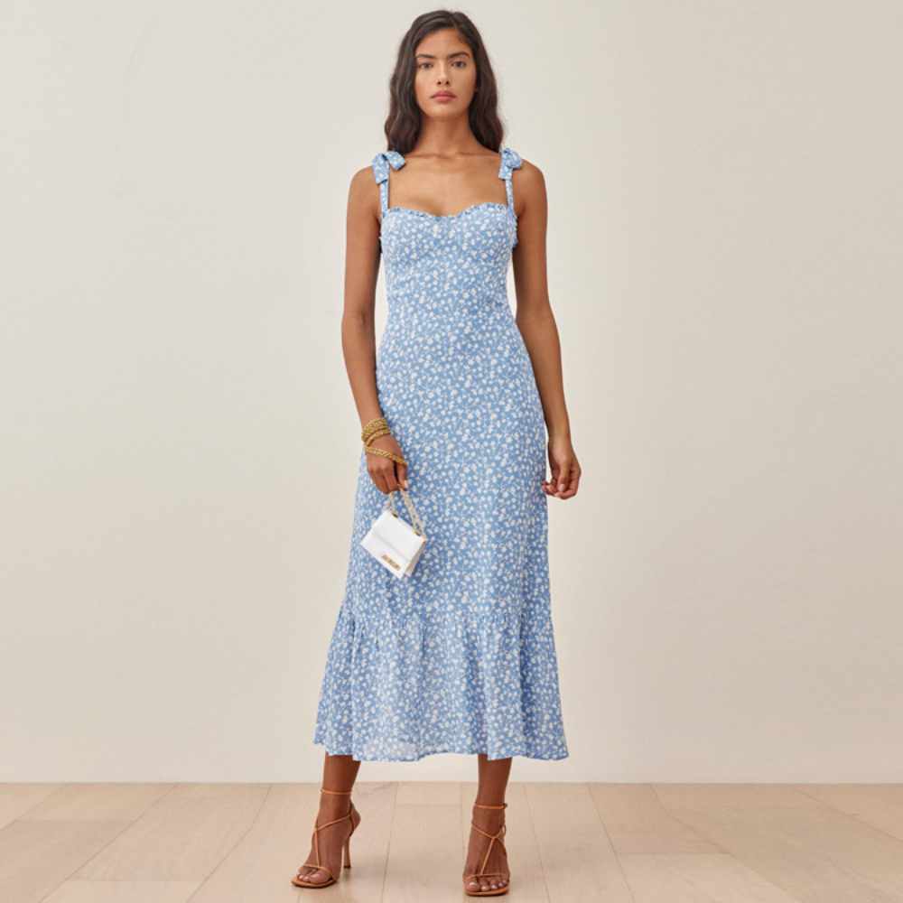 0C605M31 Casual Dresses Basic SarAh Printing Summer Women's Suspender Mid Length Dress Real Silk