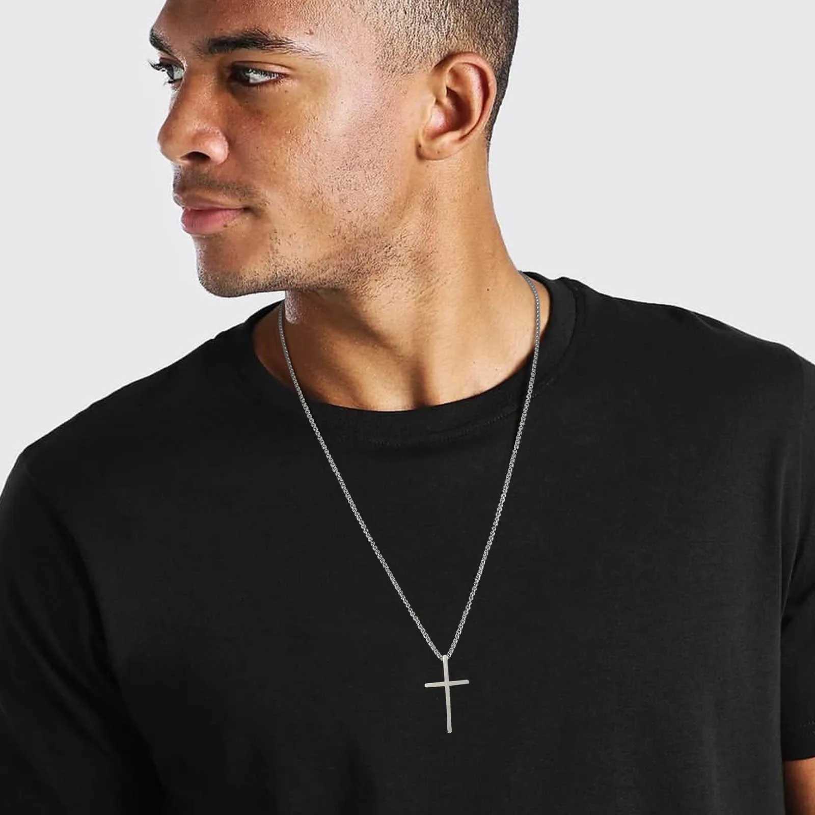 Vnox Dropshipping Mens Cross Necklaces Stainless Steel Layered Plain Cross Pendant Rope Box Chain NecklacePrayer Jesus CollarX241122