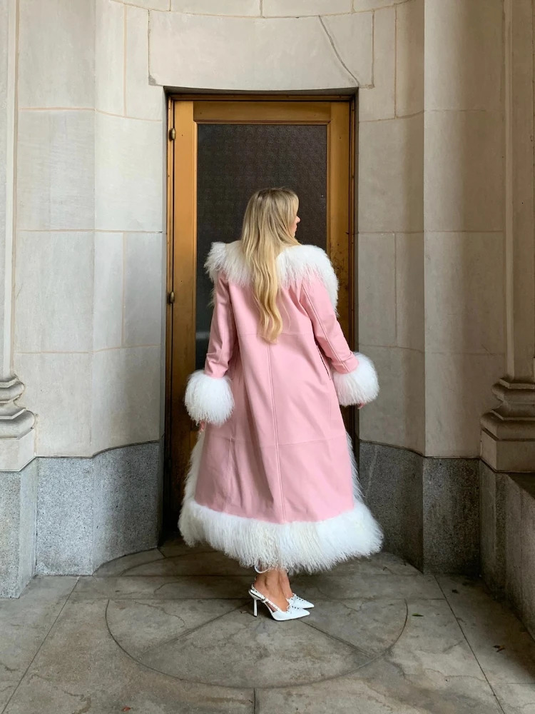 Faux Mongolian Fur Trim Coats for Women Fully Cotton Lined Suede Maxi Winter Jackets Warm XLong Hook Closure RR2813 241121