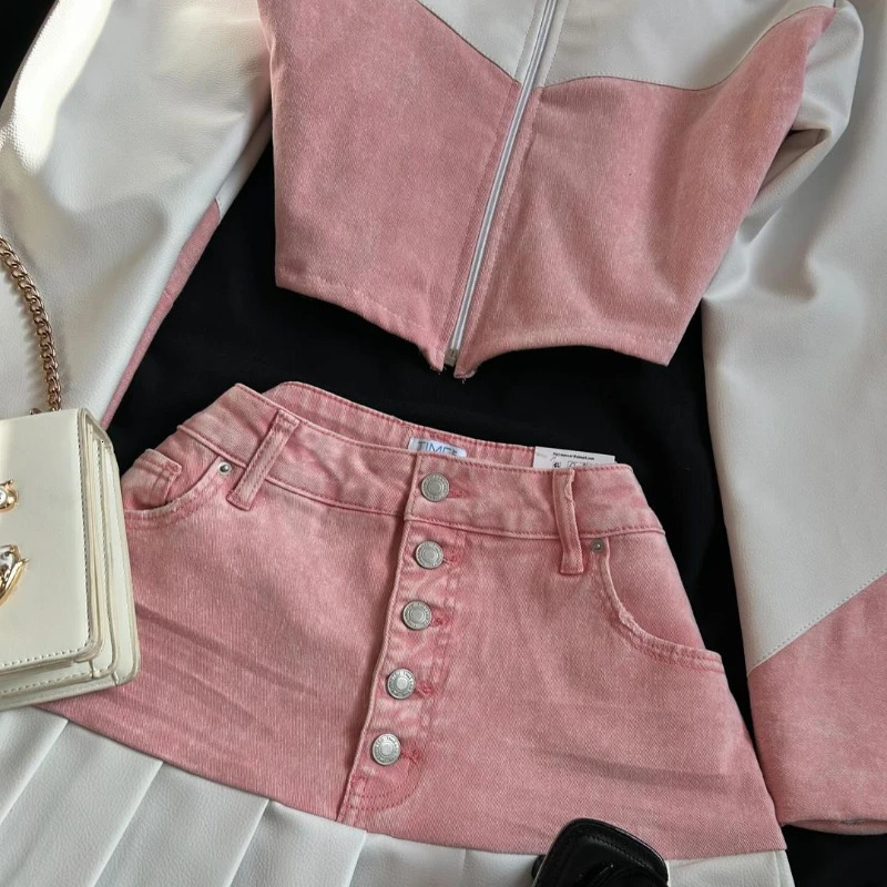 Casual leather patchwork denim pink two-piece set womens Y2K Harajuku long sleeved zipper jacket mini pleated skiing autumn jacket 241120