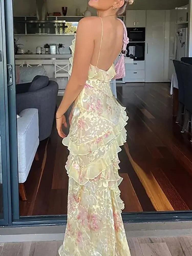 V-Neck Casual Dresses Ruffle Patchwork Loungewear Dress Women Summer Sleeveless Sexy Elegant Maxi Backless Beach Style L