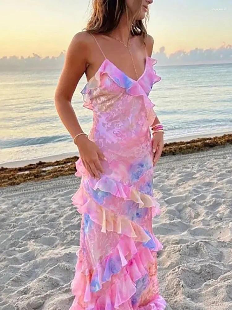 V-Neck Casual Dresses Ruffle Patchwork Loungewear Dress Women Summer Sleeveless Sexy Elegant Maxi Backless Beach Style L