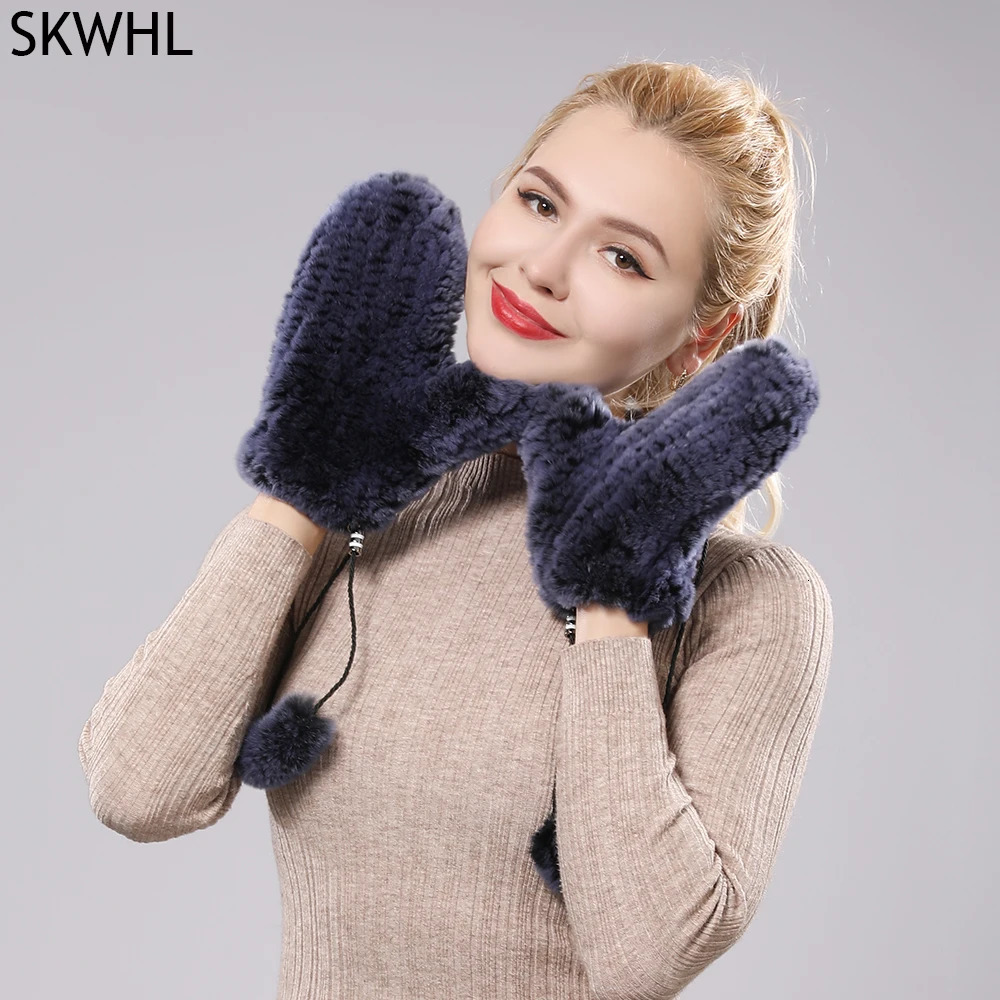 Womens real fur gloves knitted winter gloves natural Rex rabbit fur womens winter warm thick natural Rex rabbit fur gloves 241122